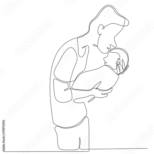 Happy fathers day. One continuous line drawing of a man with a child. Father and his children. The young father smiles and holds the baby in his arms, clutching him to himself. Vector illustration