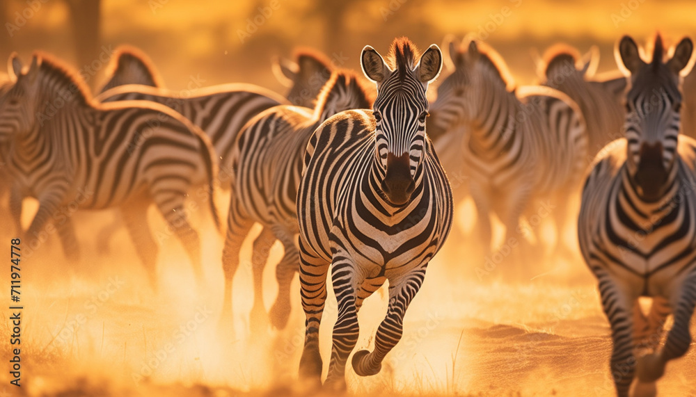 Fototapeta premium A striped zebra stands in the African wilderness, surrounded by beauty generated by AI