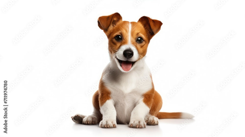 Happy cute small dog with red hearts on white background celebrating Valentine day. Valentine's day, birthday, mother's, women's day, holidays concept.