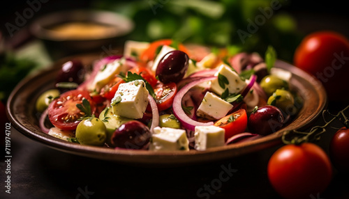 Fresh tomato salad with organic vegetables, olive oil, and feta cheese generated by AI photo