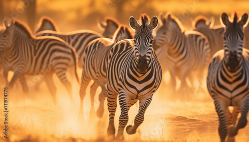 A striped zebra stands in the African wilderness, surrounded by beauty generated by AI
