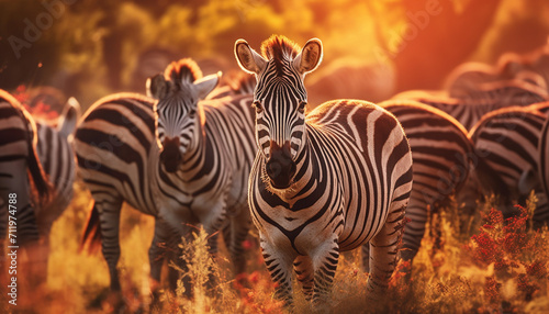 Zebra standing in the savannah, nature beauty in the sunset generated by AI