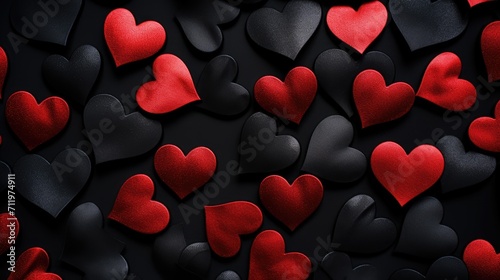 Red and black heart shaped rocks on black background. Pile of white heart pebble, stone. Valentine's day. Heart shape of pebble on small peddles.