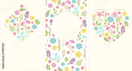 Floral greeting cards with colorful flowers and leaves arranged in patterns a...
