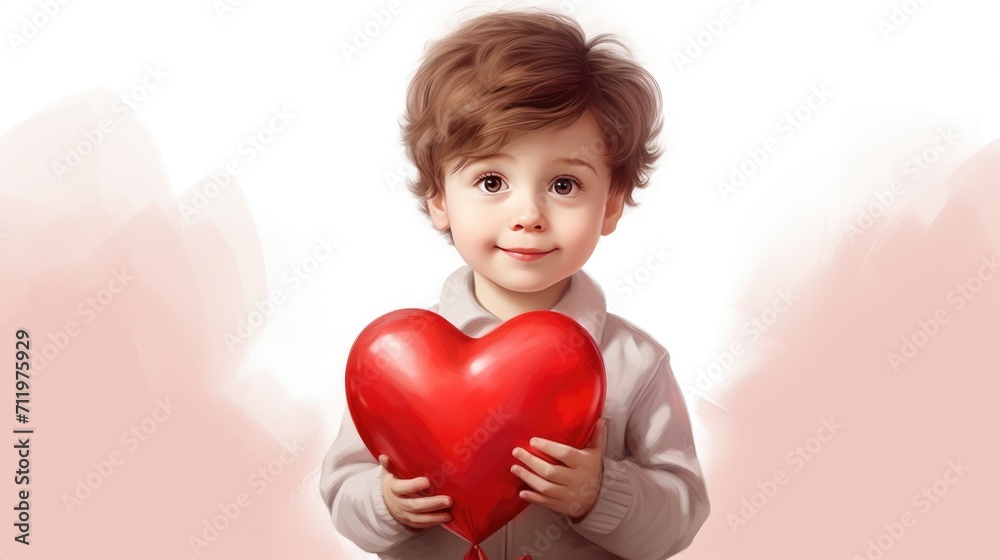 Lovely boy holding red heart, over white background. Love concept. Valentines day Lovely boy holding red heart, over white background. Love concept. Valentines day