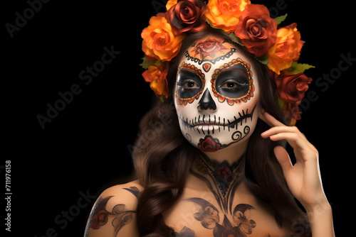 
“A woman adorned with La Calavera Catrina makeup at a festival in Mexico is a sight to behold. Her face is painted with intricate designs, transforming her into a beautiful. photo