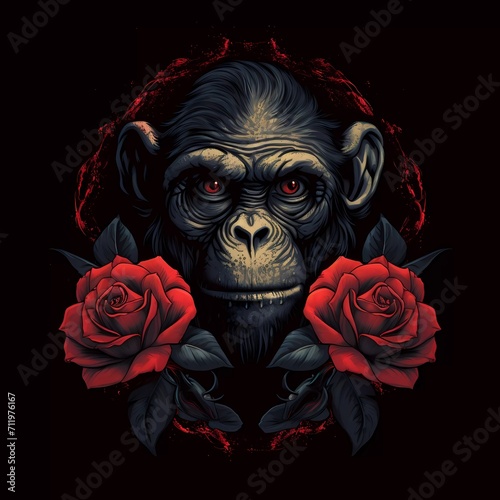 illustration of a monkey with a red rose on a black background . generative ai