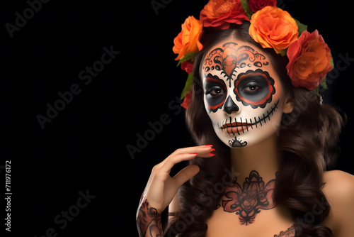  “A woman adorned with La Calavera Catrina makeup at a festival in Mexico is a sight to behold. Her face is painted with intricate designs, transforming her into a beautiful.