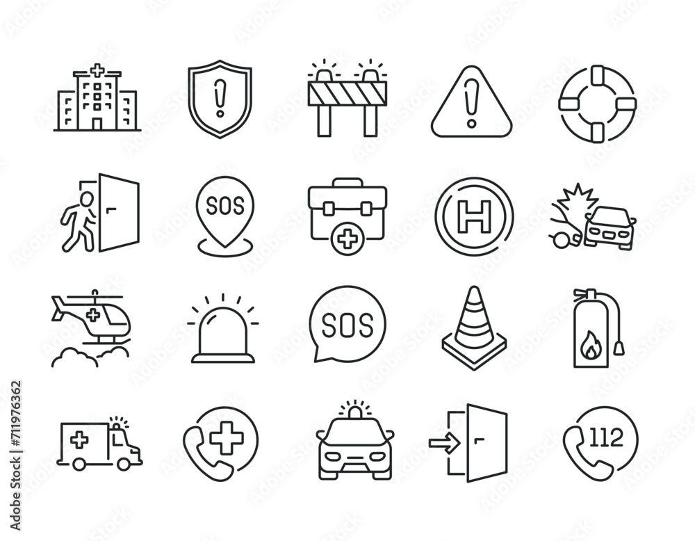 Emergency simple minimal thin line icons. Related SOS, safety, alarm, urgency, warning. Editable stroke. Vector illustration. Emergency simple minimal thin line icons. Related SOS, safety, alarm, urgency, warning. Editable stroke. Vector illustration.