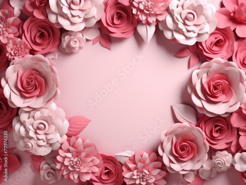 Pink paper flowers in shape of frame on a pink background. Concept wedding  valentines day  photo zone  lovers. Banner. Flat lay  top view