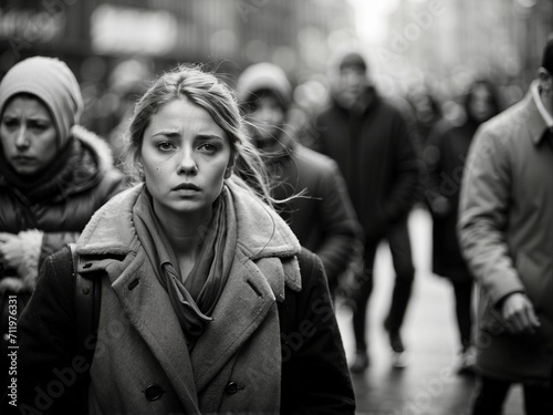 Mental health problems concept. Depressed sad person surrounded by people walking in busy street.