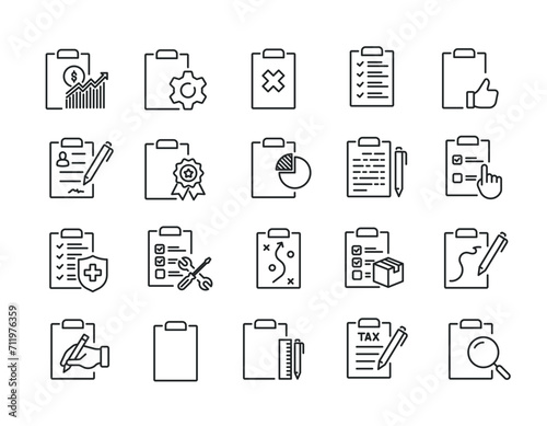 Clipboard simple minimal thin line icons. Related checklist, approved, survey, report. Editable stroke. Vector illustration.