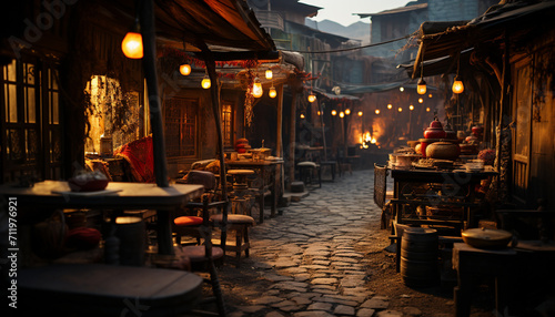 Wooden chair sits outside bar, lanterns illuminate city vibrant nightlife generated by AI