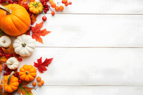 beautiful autumn-themed arrangement. It features pumpkins  leaves  and acorns laid out on a white wooden surface