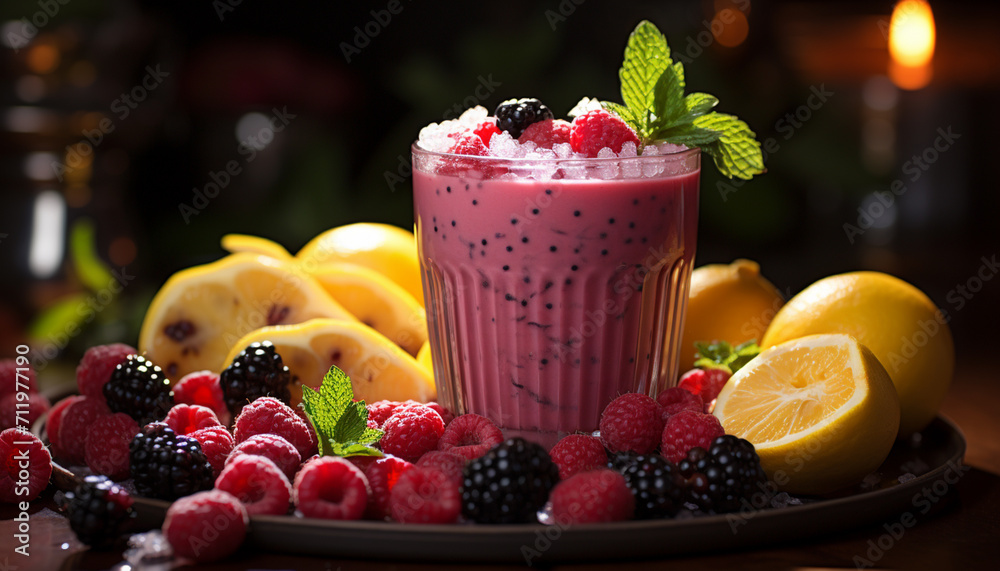 Freshness in a bowl raspberry, blueberry, strawberry, mint leaf, yogurt generated by AI Freshness in a bowl raspberry, blueberry, strawberry, mint leaf, yogurt generated by AI