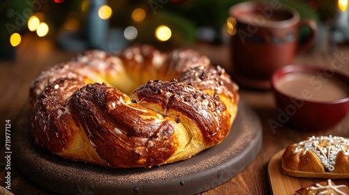 Three Kings Bread also called Rosca de Reyes, Roscon, Epiphany Cake, traditionally served with hot chocolate in a clay Jarrito. Mexican tradition on January 5th photo