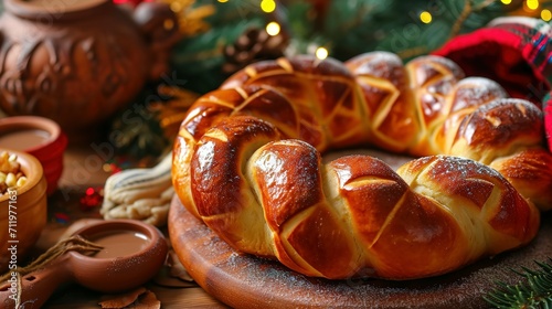 Three Kings Bread also called Rosca de Reyes, Roscon, Epiphany Cake, traditionally served with hot chocolate in a clay Jarrito. Mexican tradition on January 5th