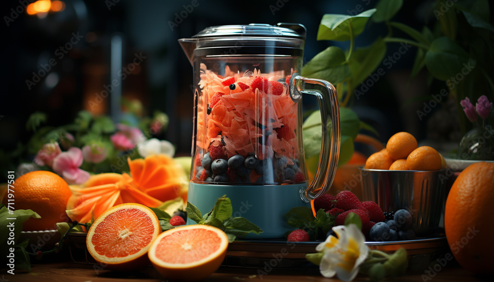 Freshness of organic fruit and healthy eating on wooden table generated by AI Freshness of organic fruit and healthy eating on wooden table generated by AI