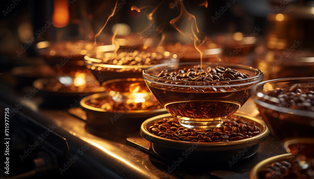 Hot coffee on wooden table, steam rising, creating a cozy atmosphere generated by AI