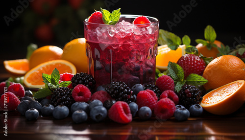 Freshness of summer berries on a wooden table, healthy and delicious generated by AI