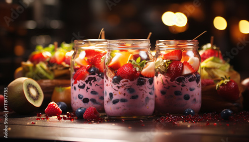 Freshness of summer berries on a wooden table, healthy dessert generated by AI