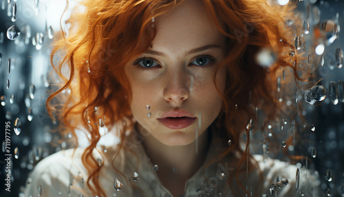 Young redhead woman looking at camera, wet hair, smiling generated by AI