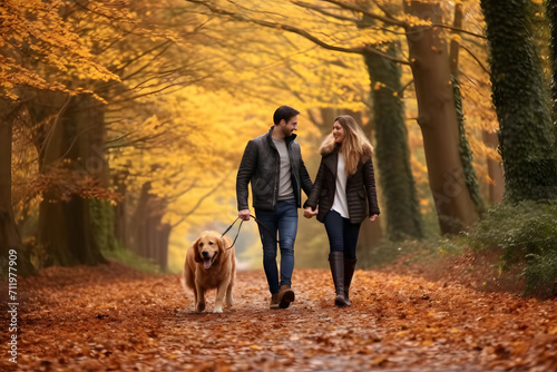 couple and their dog enjoying a walk in an autumn setting. They are surrounded by trees adorned with vibrant orange and yellow leaves.