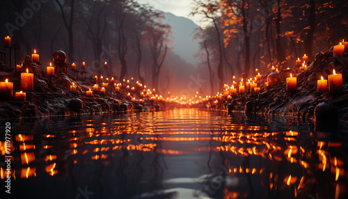 Tranquil scene nature reflection in water, candle flame illuminates darkness generated by AI