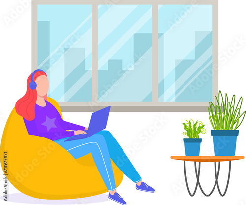 Woman with red hair sitting on yellow beanbag using laptop, indoor with large window, modern workspace. Freelancer working from home vector illustration.