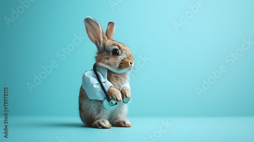 Cute Rabbit Doctor with Stethoscope on Blue Background