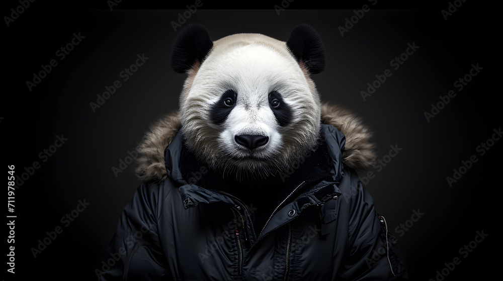 Fototapeta premium Panda Bear Wearing a Coat and Jacket on a Black Background