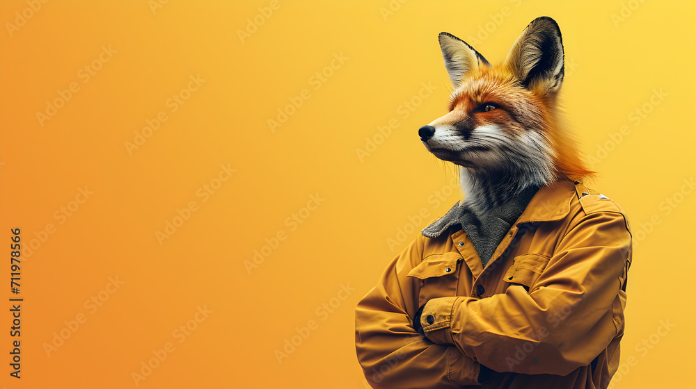 Fototapeta premium Gray Fox in Jacket on yellow background