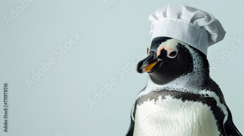 Cute Penguin Chef with Hat on Grey Background © vanilnilnilla