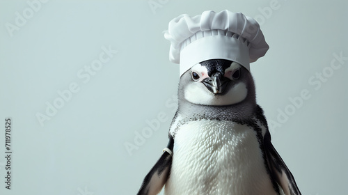 Adorable Penguin Chef Wearing a Hat on Gray Background © vanilnilnilla