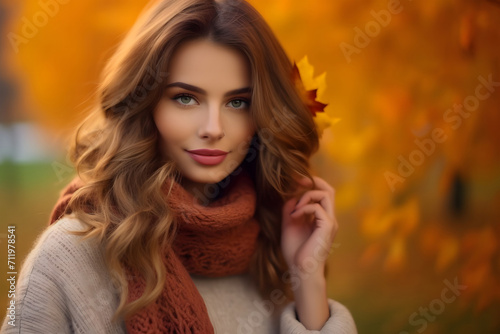 beauty woman in an outdoor setting during autumn. The woman is wearing a warm, textured sweater and a hat. Golden yellow leaves, indicative of the fall season