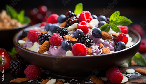 Freshness and variety in a gourmet bowl of healthy berries generated by AI