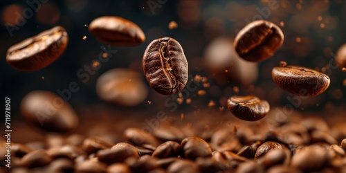 Close up of coffee beans in mid air with a dark background.