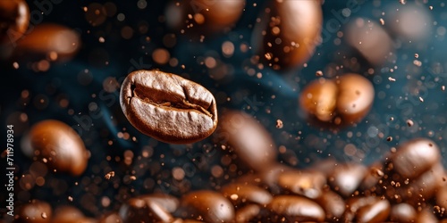 Close up of coffee beans in mid air with a dark background.