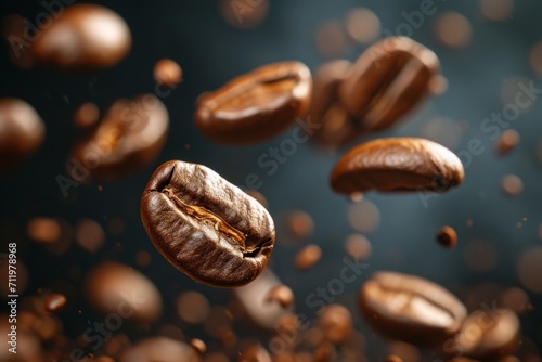 Close up of coffee beans in mid air with a dark background.