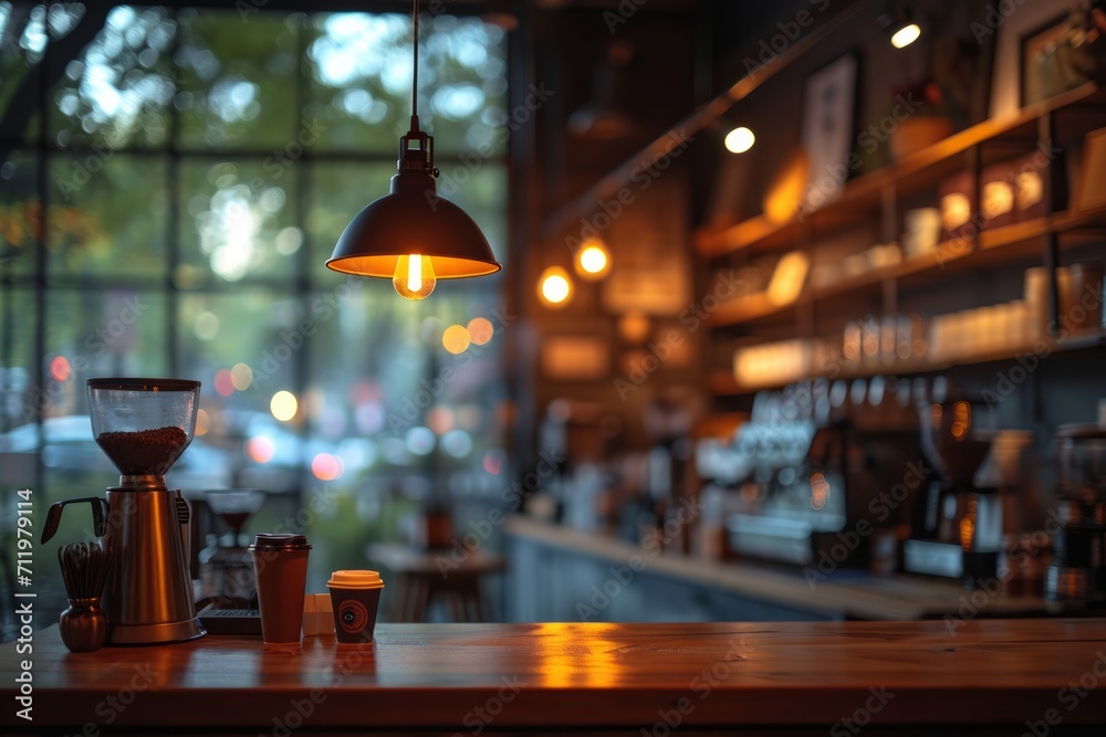 Blurred interior of a cozy café with warm lighting.