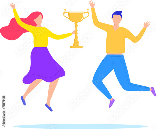 Happy man and woman celebrating victory with a gold trophy. Cheerful couple jumping happily with a prize cup. Winners joy and success celebration vector illustration.