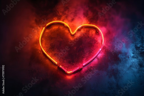 Neon heart shaped light on a dark background.