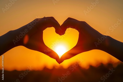 Silhouette of hands forming a heart shape with the sun in the background.
