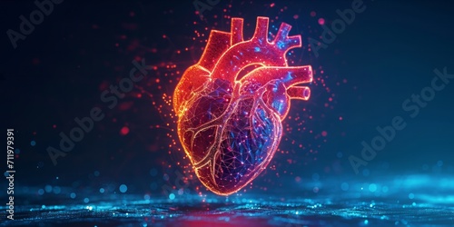 Digital illustration of a human heart in a wireframe design with a dark background.