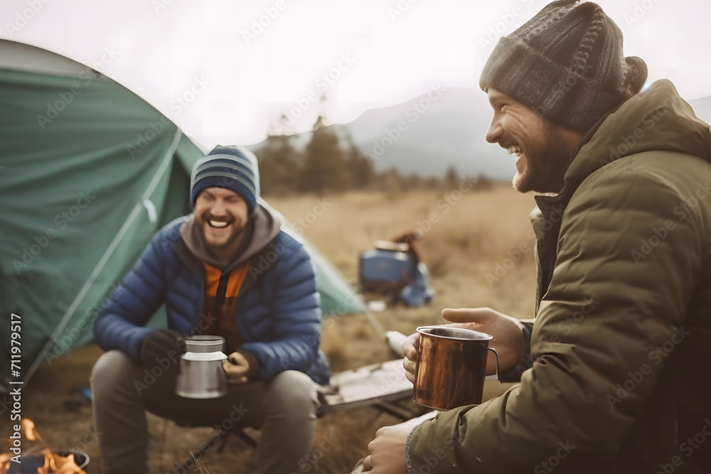 mens in a tranquil camping experience in the woods. They are sitting by a controlled fire, with one of them holding a metal cup, possibly filled with a warm beverage