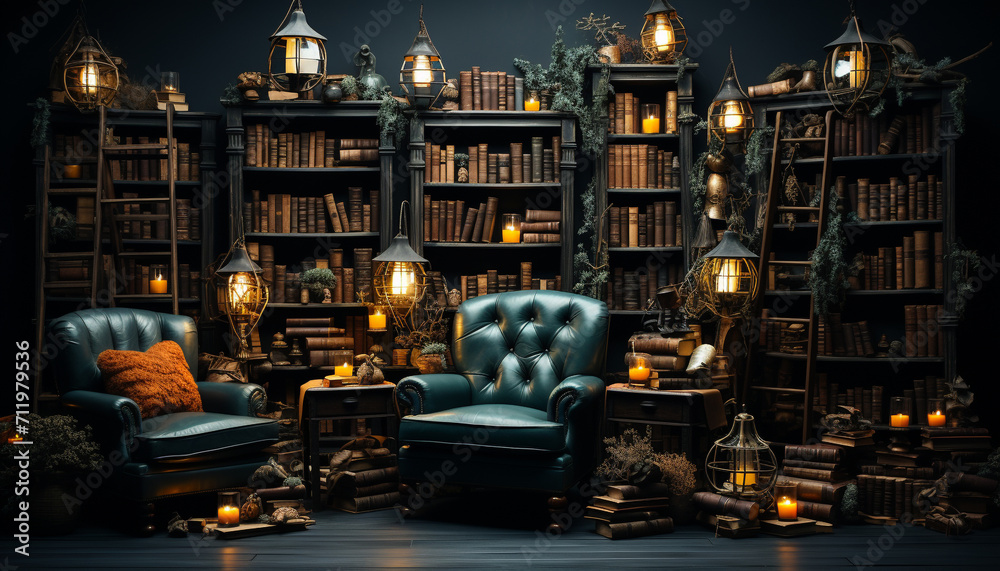Cozy library with old books, wood shelf, and illuminated lantern generated by AI