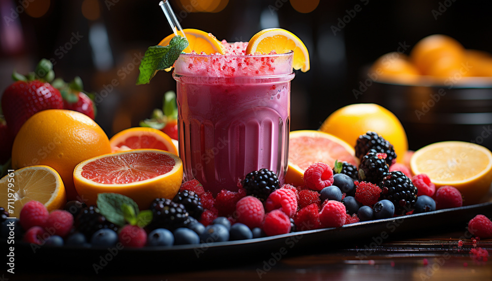 Fresh fruit cocktail on a wooden table, perfect for summer generated by AI Fresh fruit cocktail on a wooden table, perfect for summer generated by AI
