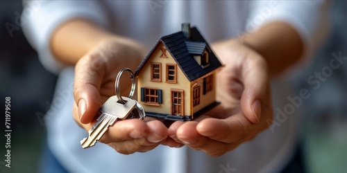Person holding a set of keys and a small house model. photo