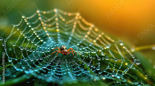 A delicate spiderweb shimmers with morning dew drops, its intricate design catching the light