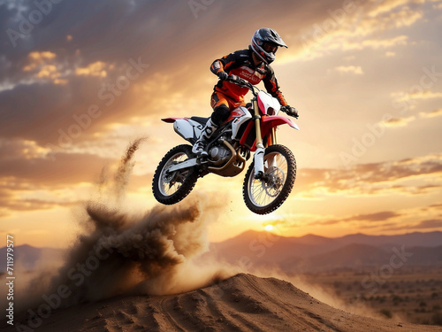 Motocross racer with his motorcycle floating in the sky  at the desert